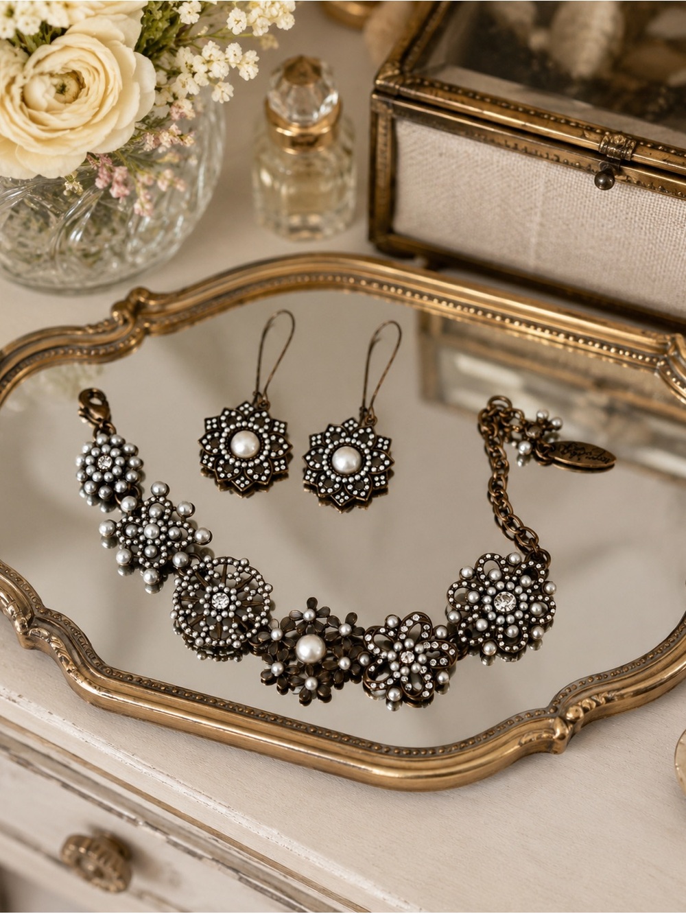 Plunder Design Rosemary Bracelet & Earrings Set Retired Pearl Rhinestone Bronze